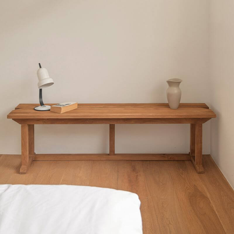 Natural Elm Wood Living Room Bench – Modern Rectangular Solid-Color Seat