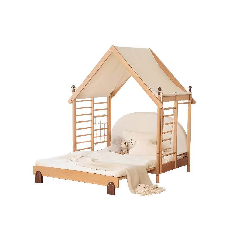Natural Finish Kids Bed with Fun Roof and Climbing Frame