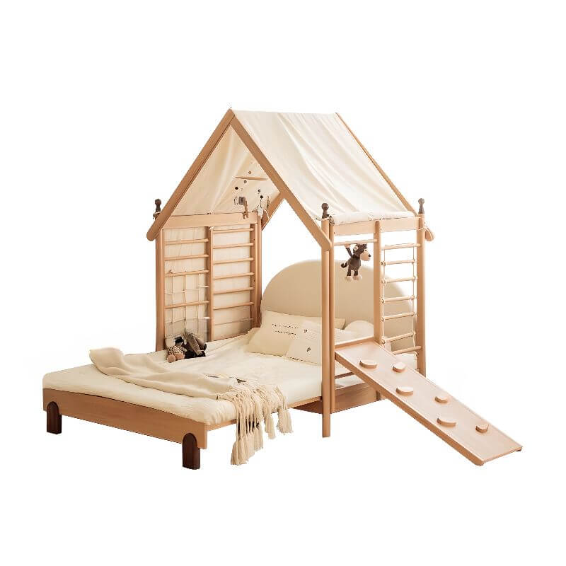 Natural Finish Kids Bed with Fun Roof and Climbing Frame