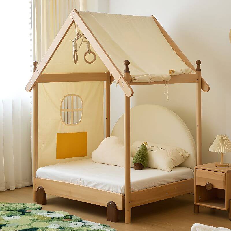 Natural Finish Kids Bed with Fun Roof and Climbing Frame