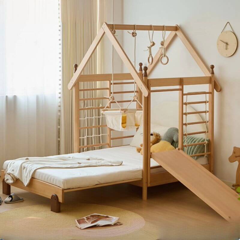 Natural Finish Kids Bed with Fun Roof and Climbing Frame