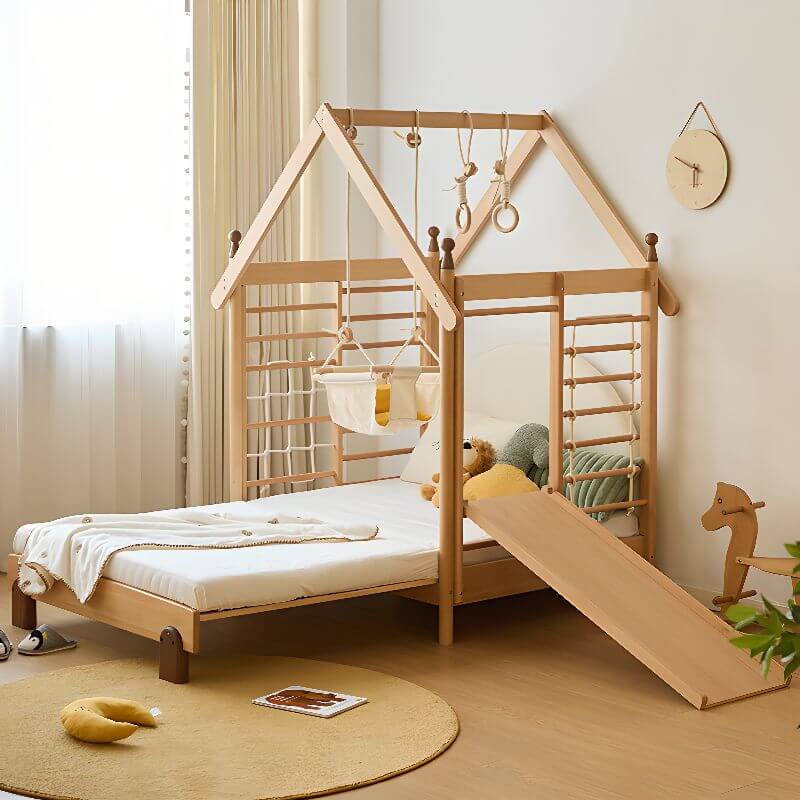 Natural Finish Kids Bed with Fun Roof and Climbing Frame Main Product Image
