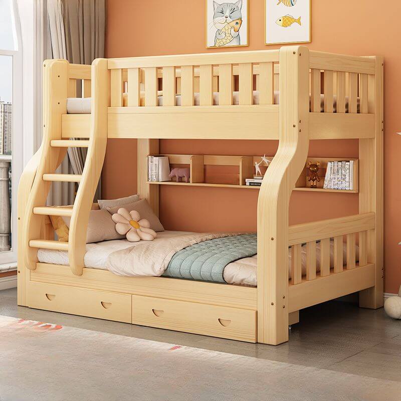 Natural Finish Modern Bunk Bed for Kids with Safety Guardrails