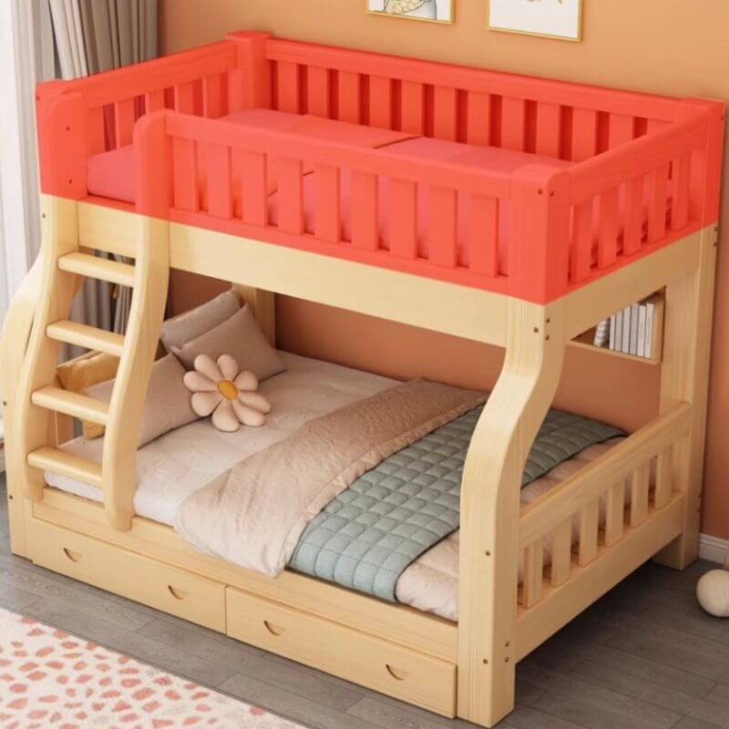 Natural Finish Modern Bunk Bed for Kids with Safety Guardrails