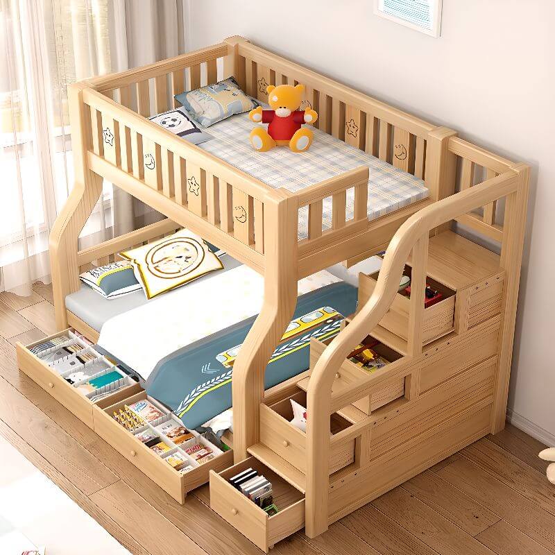 Natural Finish Modern Bunk Bed with 2 Mattresses and Storage Options Main Product Image