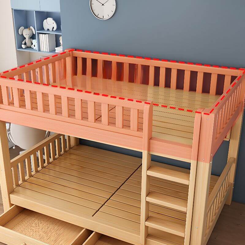 Natural Finish Modern Bunk Bed with Ladder and Storage Drawers