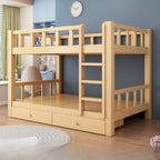 Natural Finish Modern Bunk Bed with Ladder and Storage Drawers