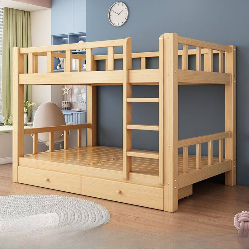 Natural Finish Modern Bunk Bed with Ladder and Storage Drawers