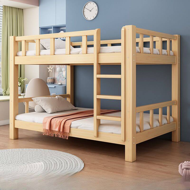 Natural Finish Modern Bunk Bed with Ladder and Storage Drawers