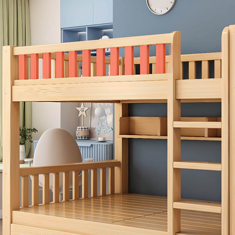 Natural Finish Modern Bunk Bed with Ladder and Storage Drawers