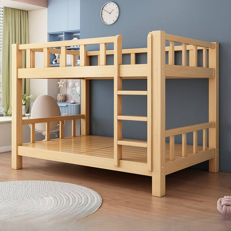 Natural Finish Modern Bunk Bed with Ladder and Storage Drawers