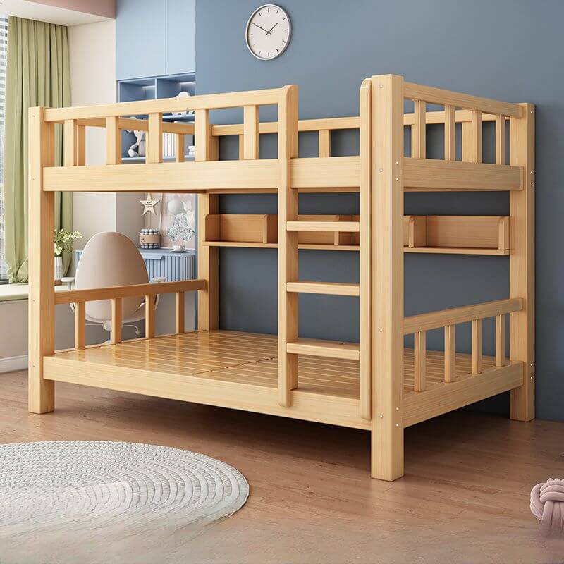 Natural Finish Modern Bunk Bed with Ladder and Storage Drawers