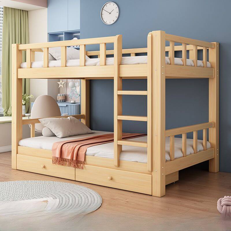 Natural Finish Modern Bunk Bed with Ladder and Storage Drawers