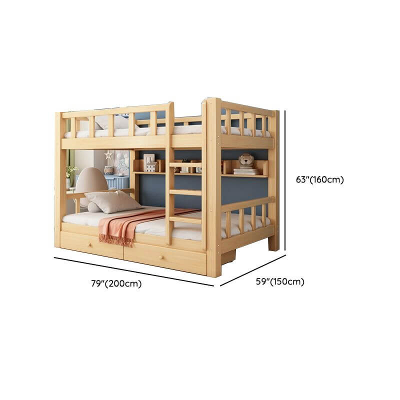Natural Finish Modern Bunk Bed with Ladder and Storage Drawers Dimensions