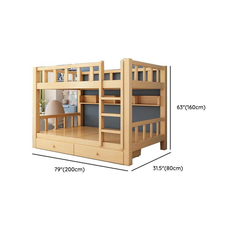 Natural Finish Modern Bunk Bed with Ladder and Storage Drawers Dimensions