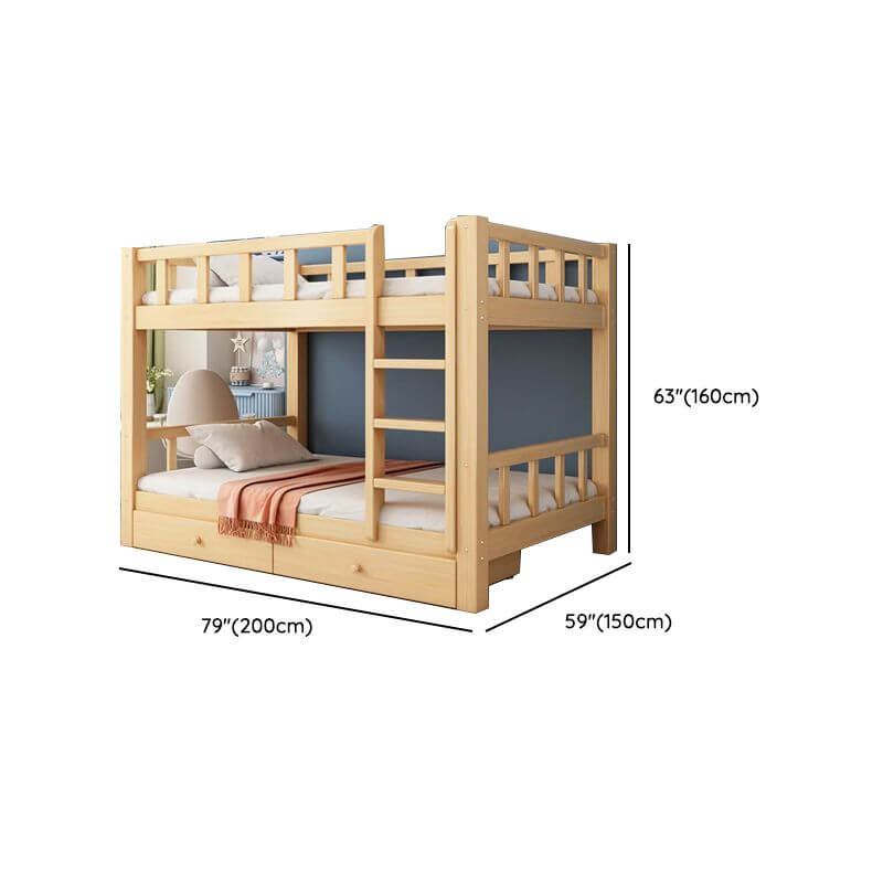 Natural Finish Modern Bunk Bed with Ladder and Storage Drawers Dimensions