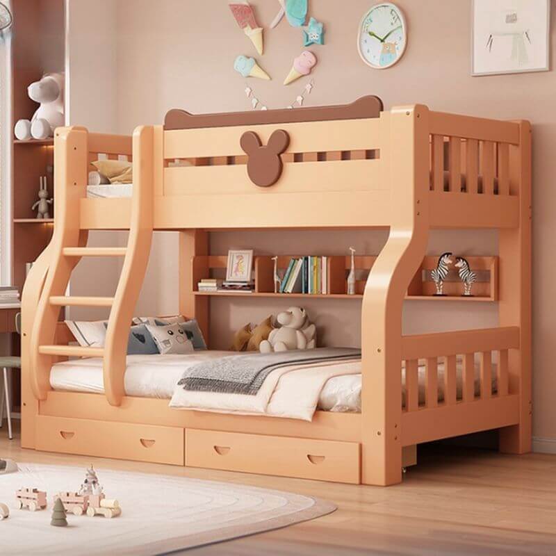 Natural Finish Modern Bunk Bed with Ladder and Storage Options