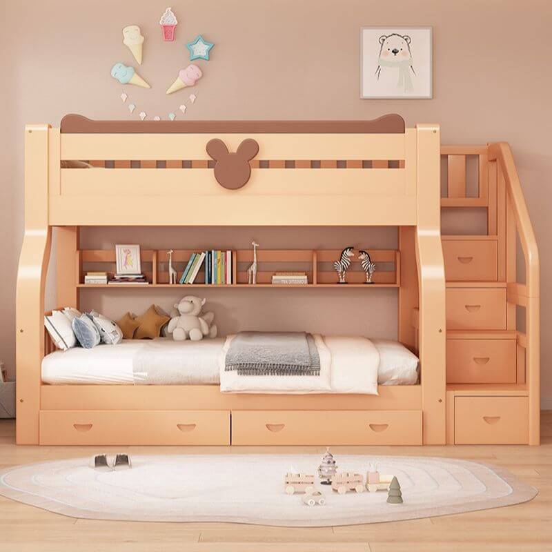 Natural Finish Modern Bunk Bed with Ladder and Storage Options