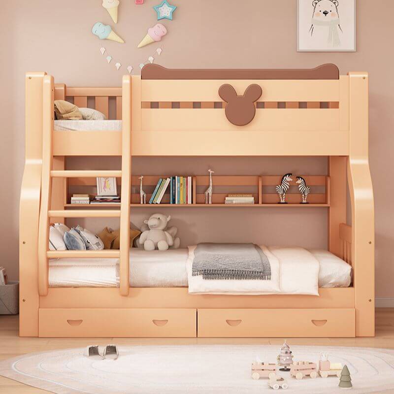 Natural Finish Modern Bunk Bed with Ladder and Storage Options