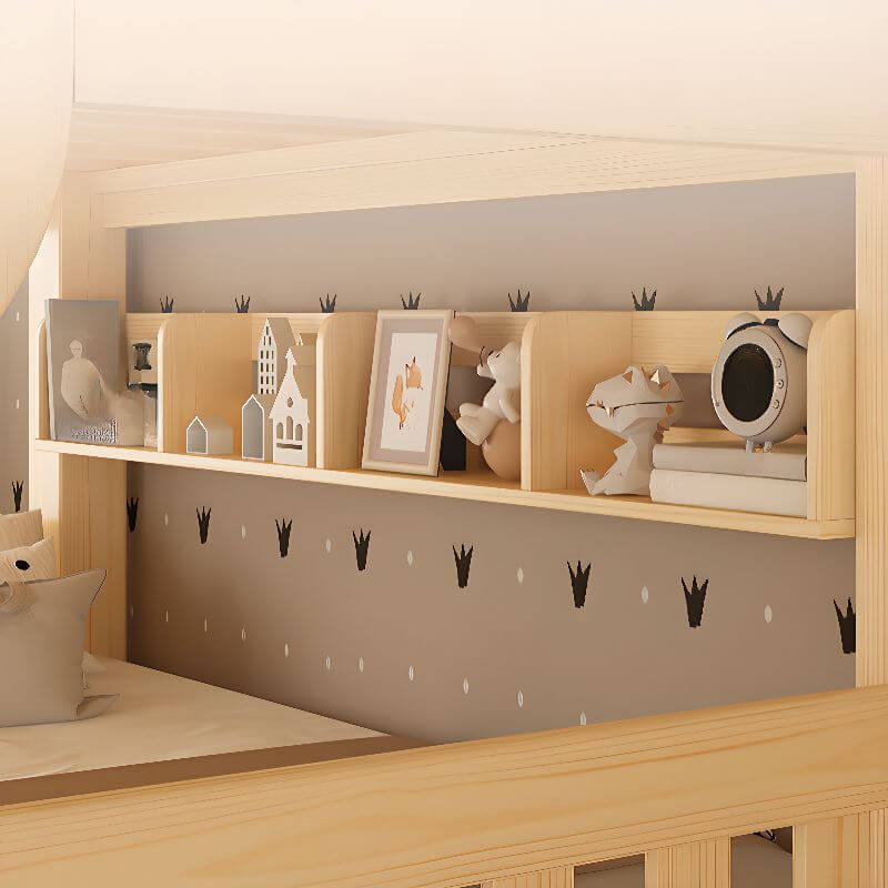 Natural Finish Modern Bunk Bed with Ladder & Drawer & Bookcase