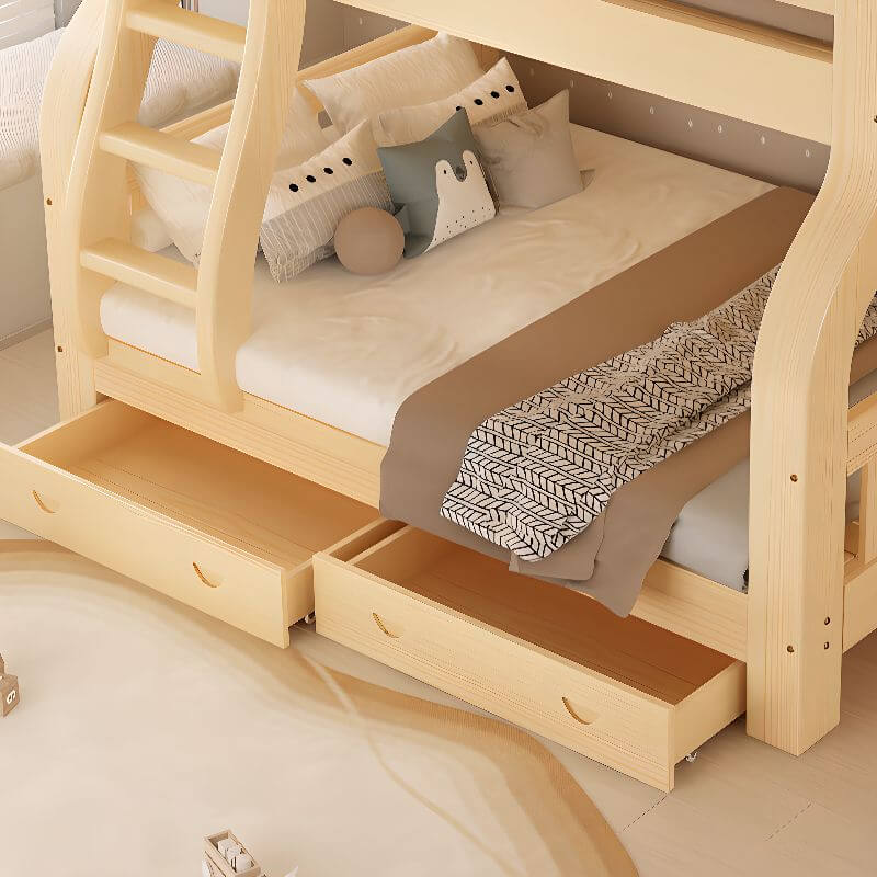 Natural Finish Modern Bunk Bed with Ladder & Drawer & Bookcase