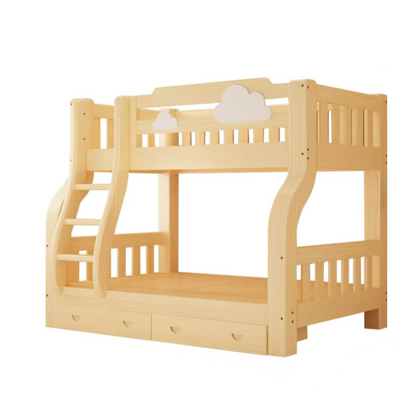 Natural Finish Modern Bunk Bed with Ladder & Drawer & Bookcase