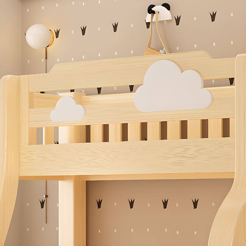 Natural Finish Modern Bunk Bed with Ladder & Drawer & Bookcase