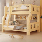 Natural Finish Modern Bunk Bed with Ladder & Drawer & Bookcase