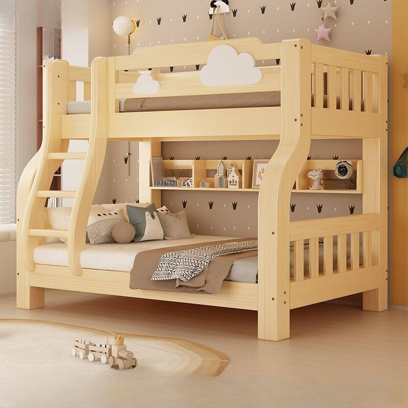 Natural Finish Modern Bunk Bed with Ladder & Drawer & Bookcase