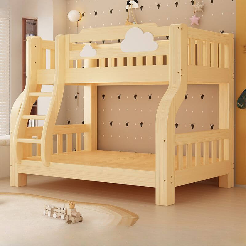 Natural Finish Modern Bunk Bed with Ladder & Drawer & Bookcase