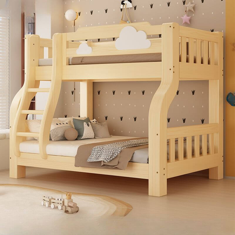 Natural Finish Modern Bunk Bed with Ladder & Drawer & Bookcase