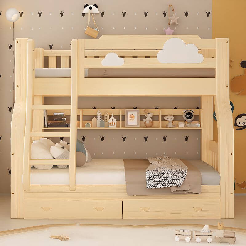 Natural Finish Modern Bunk Bed with Ladder & Drawer & Bookcase