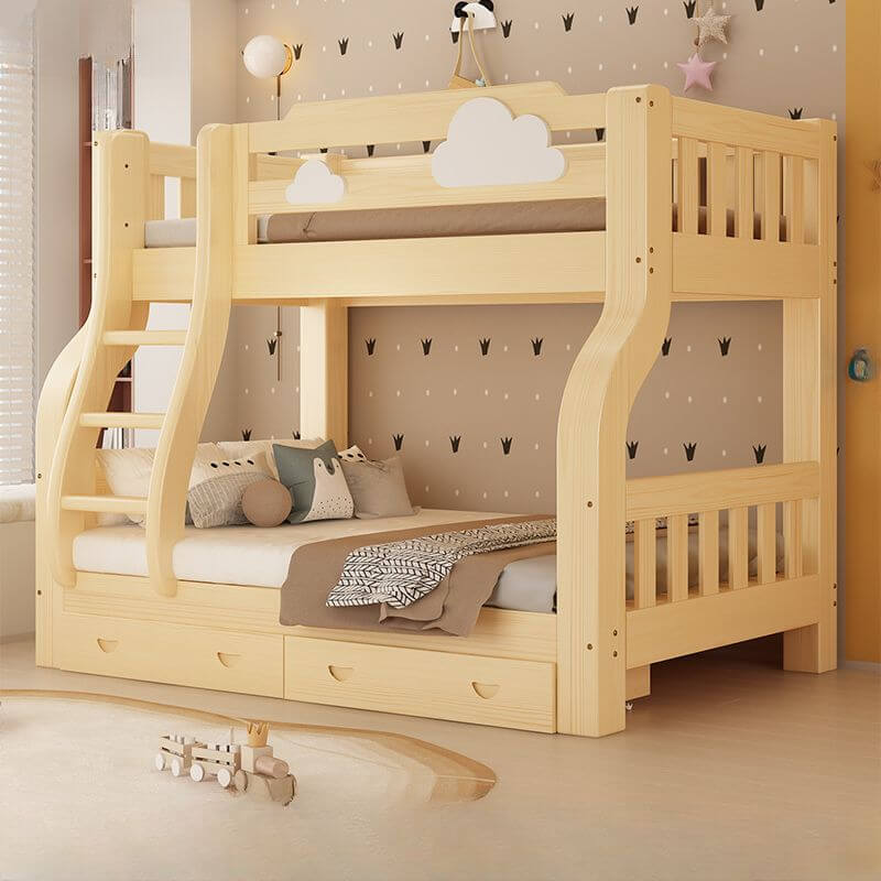 Natural Finish Modern Bunk Bed with Ladder & Drawer & Bookcase