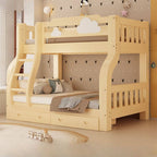 Natural Finish Modern Bunk Bed with Ladder & Drawer & Bookcase