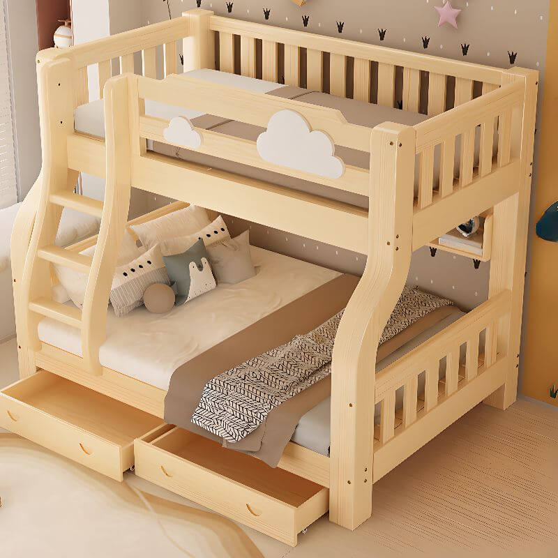 Natural Finish Modern Bunk Bed with Ladder & Drawer & Bookcase
