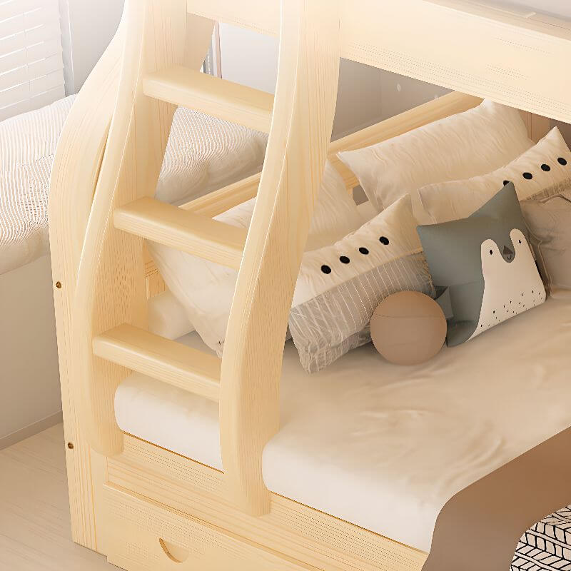 Natural Finish Modern Bunk Bed with Ladder & Drawer & Bookcase