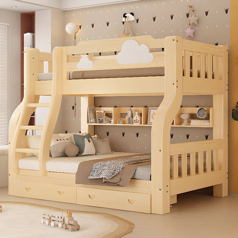 Natural Finish Modern Bunk Bed with Ladder & Drawer & Bookcase Main Product Image