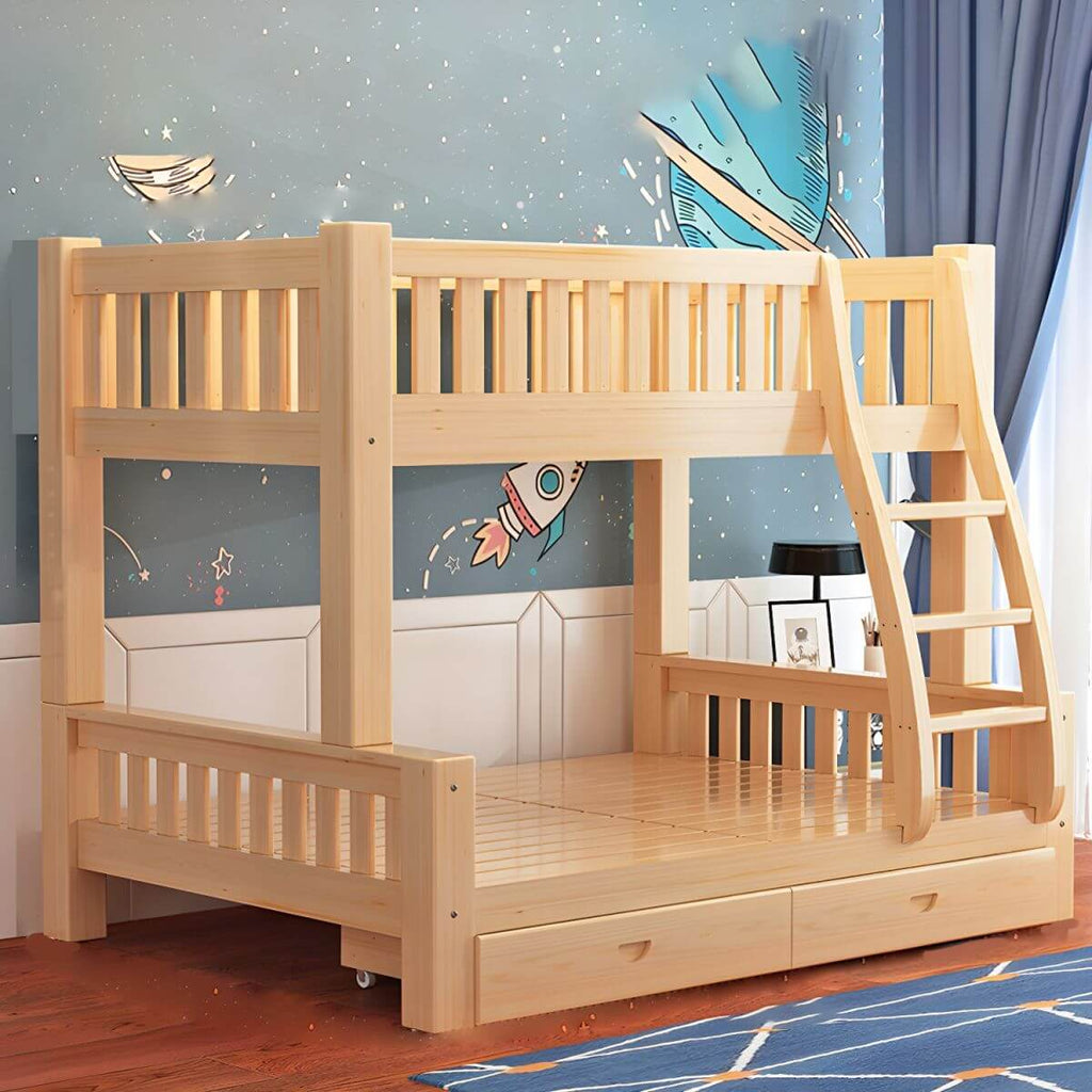 Natural Finish Modern Bunk Bed with Mattress & Storage Options