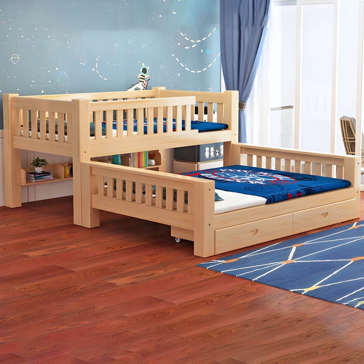 Natural Finish Modern Bunk Bed with Mattress & Storage Options