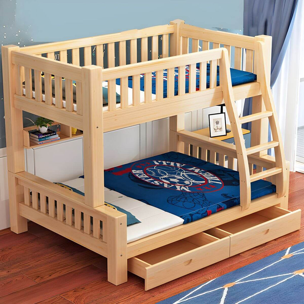 Natural Finish Modern Bunk Bed with Mattress & Storage Options