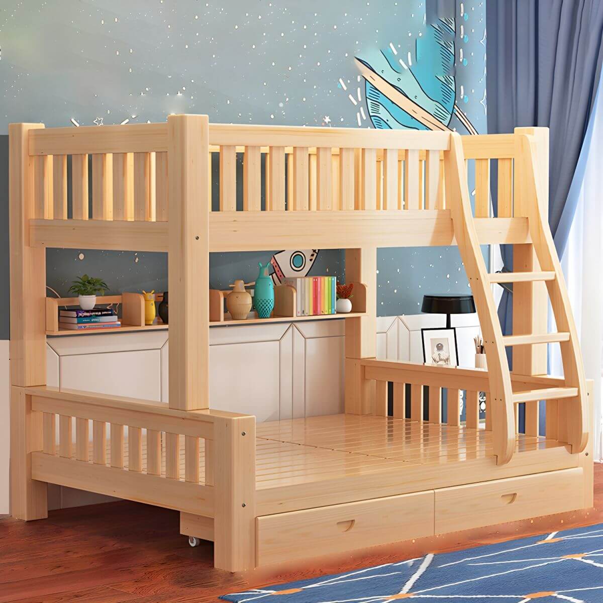 Natural Finish Modern Bunk Bed with Mattress & Storage Options