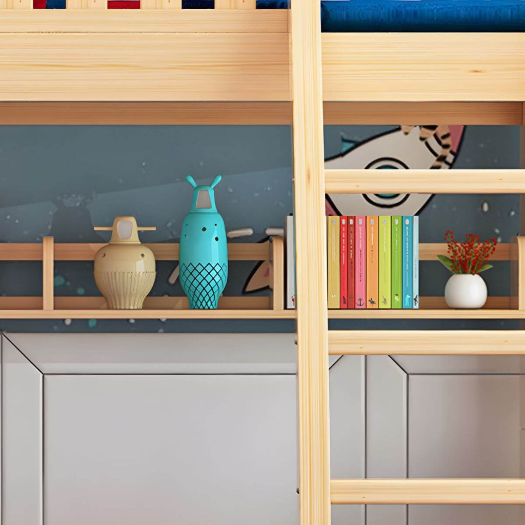 Natural Finish Modern Bunk Bed with Mattress & Storage Options