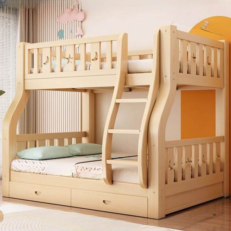 Natural Finish Modern Kids Bunk Bed with Drawers and Guardrails Main image