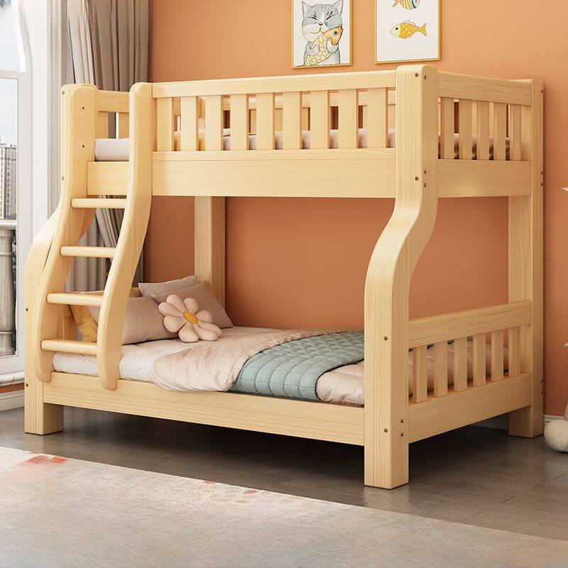 Natural Finish Modern Kids Loft Bed with Integrated Stair Drawers and Guardrails Main image
