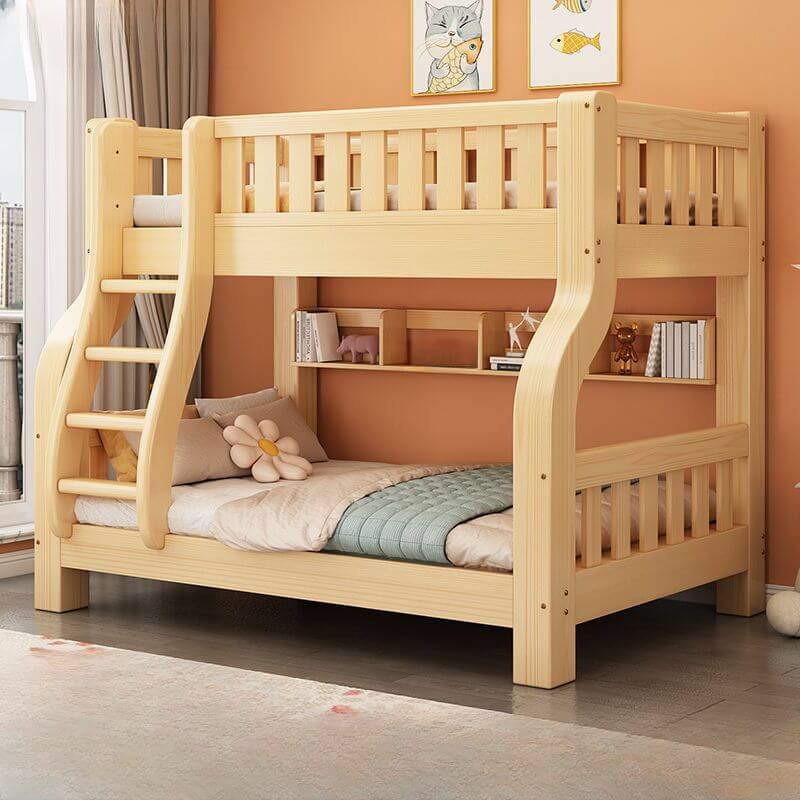 Natural Finish Modern Kids Loft Bed with Integrated Stair Drawers and Guardrails