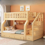 Natural Finish Modern Kids Loft Bed with Integrated Stair Drawers and Guardrails