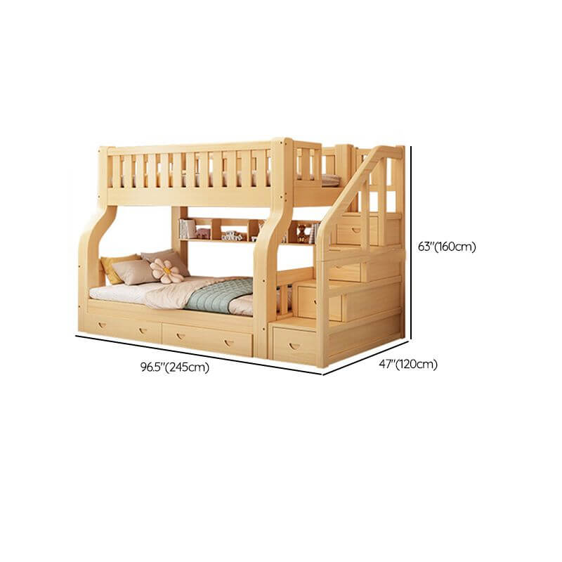 Natural Finish Modern Kids Loft Bed with Integrated Stair Drawers and Guardrails Dimensions