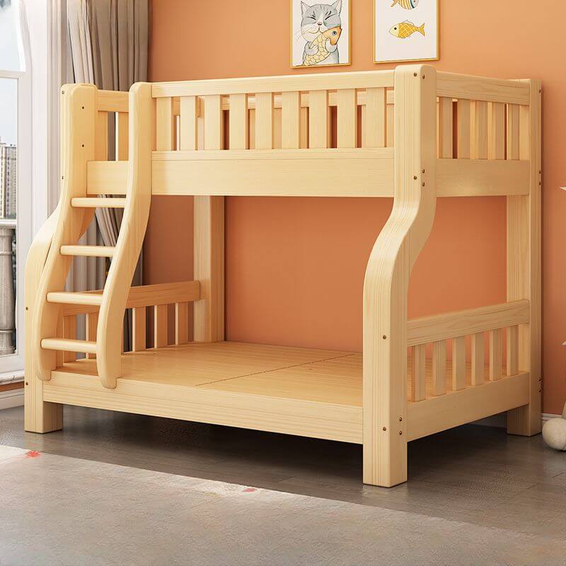 Natural Finish Modern Kids Loft Bed with Integrated Stair Drawers and Guardrails メイン画像