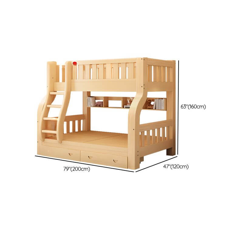 Natural Finish Modern Kids Loft Bed with Integrated Stair Drawers and Guardrails Dimensions
