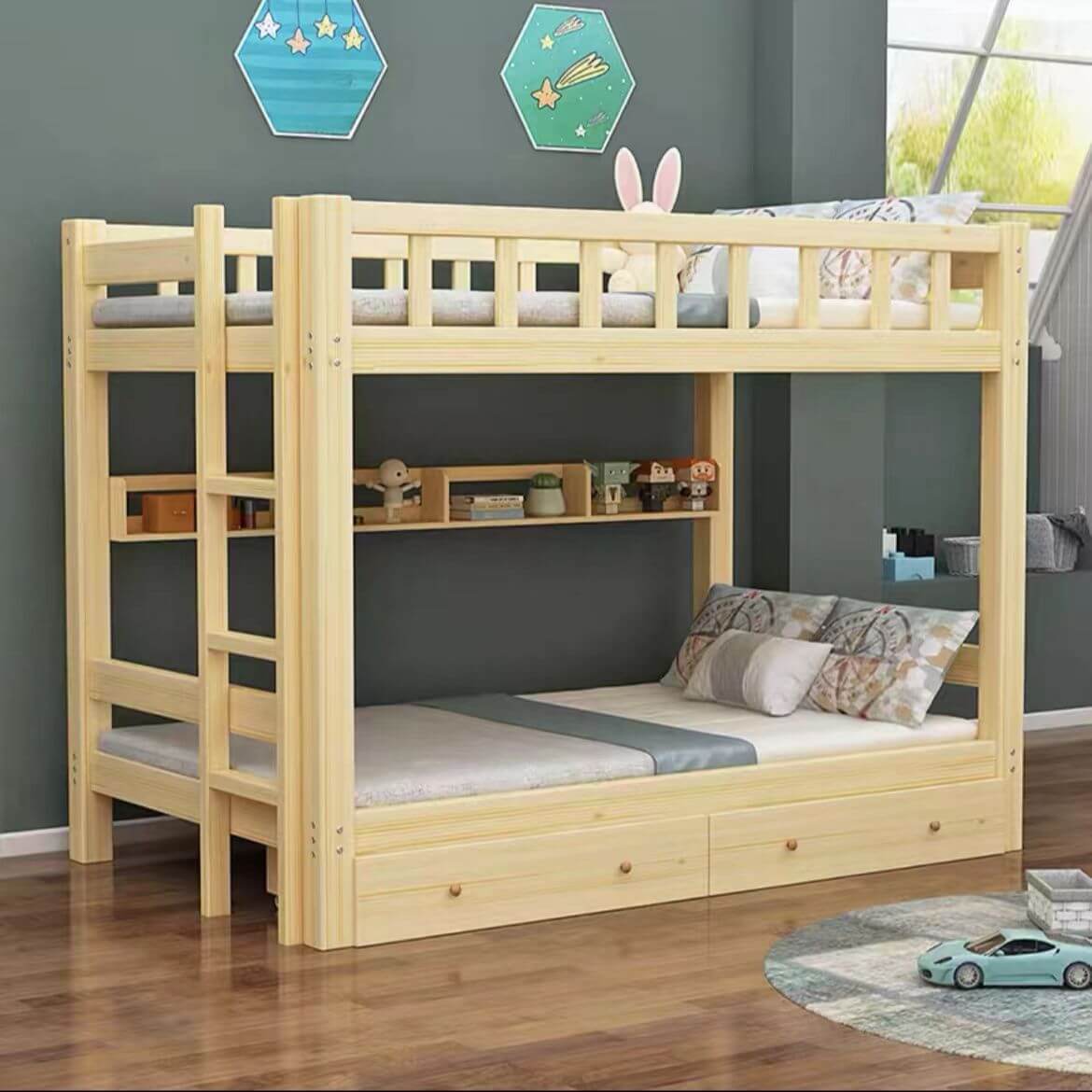 Natural Finish Modern Platform Bunk Bed for Kids - Safe & Stylish